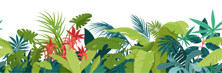 Lush tropical jungle foliage with various green leaves and exotic plants, perfect for nature themes or backgrounds, isolated on white background vector illustration © Natalia