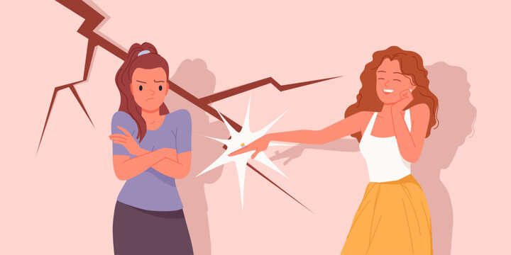Two women showing jealousy and conflict, one upset and the other mocking, with a cracked background symbolizing emotional tension, relationship issues, and rivalry vector illustration
