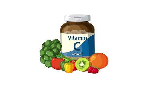 Bottle of vitamin C supplements with fresh fruits and vegetables appearing around it.