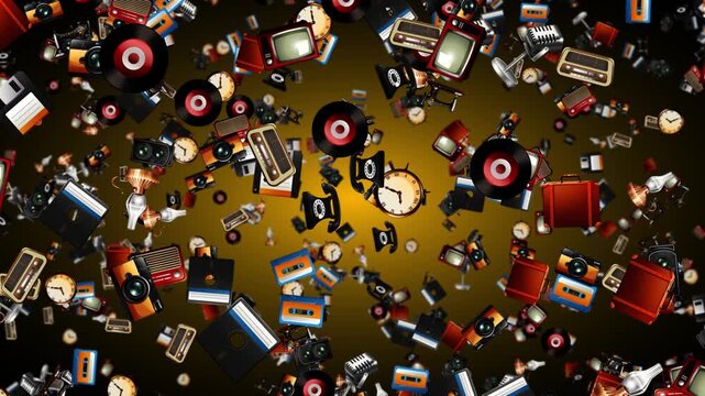 Dynamic retro technology montage with vintage gadgets, audio, and video devices flying.