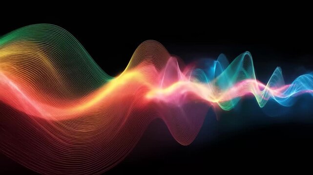 Sound waves displayed in various patterns on a black background, illustrating the concept of audio frequency and vibration.