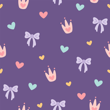 Girly seamless pattern witn coquette bows, crown and hearts, Valentine background, Romantic repeat backdrop, Vector illustration.