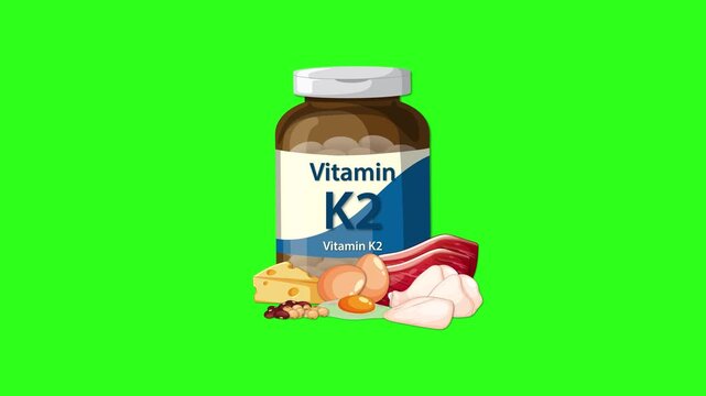 Animation of vitamin K2 bottle with food sources such as meat eggs and cheese on green background.