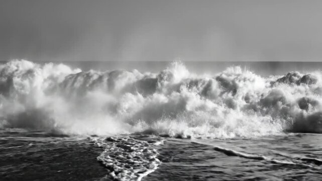 Powerful breaking wave creating a misty cloud of spray against a serene horizon in black and white