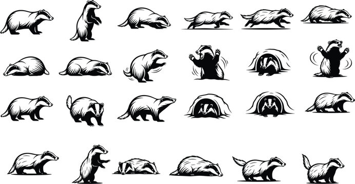 Badger Icon Set Featuring Various Poses and Actions for Wildlife, Animal Behavior, and Nature Designs