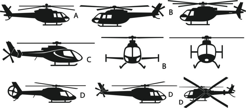 Helicopter Icon Set Featuring Various Angles and Views for Aviation, Transport, and Travel Designs