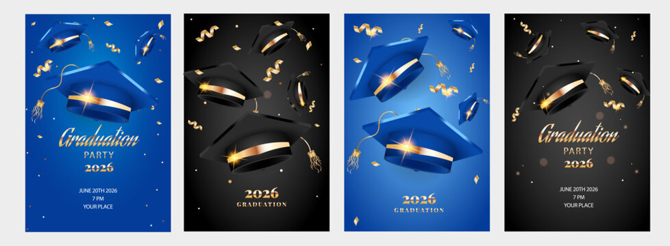 Graduation party 2026 poster set with flying academic caps and gold confetti. Vertical vector banners in blue and black for class of 2026 ceremony celebration and invitation design