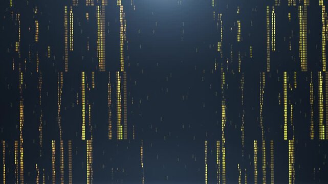 Golden data lines falling on blue background, seamless loop animation of digital code rain, futuristic technology concept, abstract motion backdrop