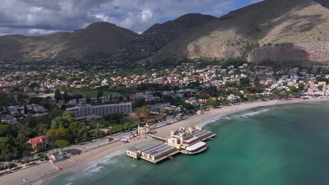 Mondello Beach near Palermo. Drone footage of Spiaggia di Mondello in Palermo, Sicily, Italy. Turquoise sea, sandy Beach