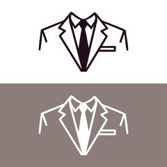 Logo moda de caballero. Versiones de un dibujo minimalista con líneas de un traje, camisa y corbata, visto de frente © teracreonte