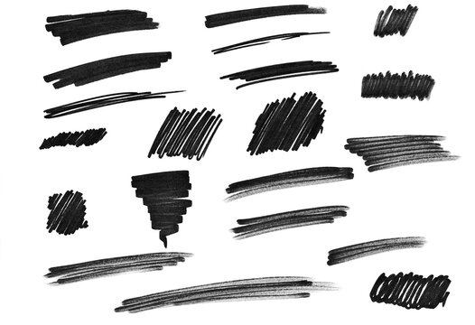 Black Marker Brush Strokes and Scribble Shapes Collection Set Isolated on Transparent Background