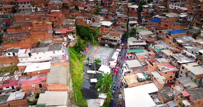 Football court in Comuna 13 Medellin now vibrant with street art, aerial