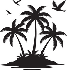 Fototapeta premium Tropical island scene featuring palm trees and birds in flight