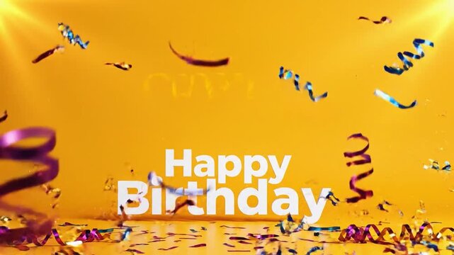Colorful confetti and streamers burst into the air, creating a festive atmosphere for a birthday celebration against a vibrant yellow backdrop