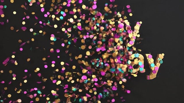 Colorful confetti falls over a black background, revealing the words "Happy Birthday" in a playful and festive arrangement