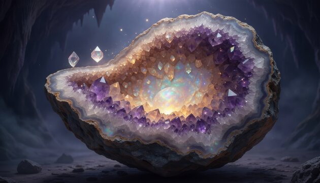 Exquisite Amethyst Geode Formation with Sparkling Crystals in a Mystical Setting