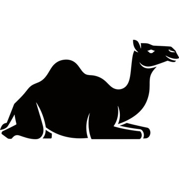 A black silhouette of a camel sitting on the ground in profile view