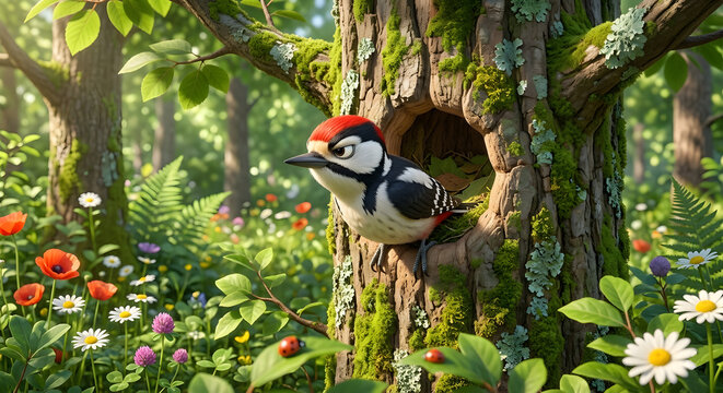 3D Render of an Annoyed Woodpecker Disturbed Inside its Tree Hole Nest