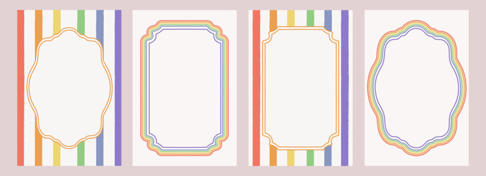 Happy Pride Month,rainbow LGBT hand-drawn frames set with scalloped edges,rainbow colors.Doodle vector border set.LGBTQ support frames for posters,web,social media, Instagram stories,party invitations