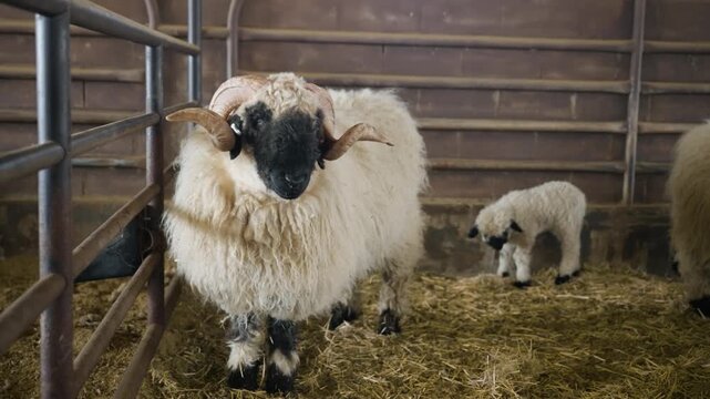 Valais Blacknose ram with spiral horns and long shaggy fleece bonds nose-to-nose with shorn female sheep in a hay-covered barn pen while a spotted newborn lamb feeds nearby