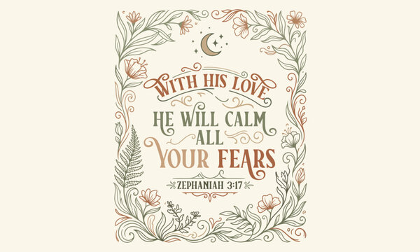 With His Love He Will Calm All Your Fears - Boho botanical frame with moon and stars vintage illustration