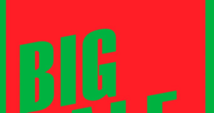 Digital animation of big sale text over red banner against black background