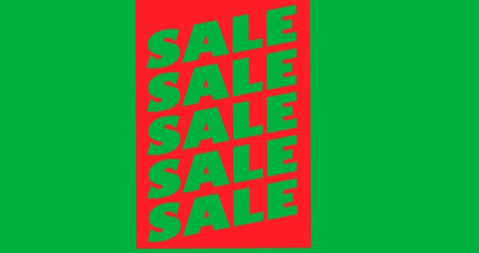 Digital animation of multiple sale text over red banner against black background