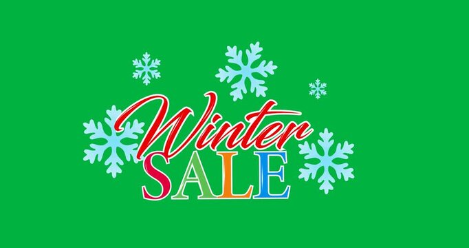Digital animation of winter sale text over snowflakes against black background