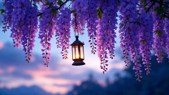 A serene lantern hanging among blooming purple wisteria flowers.