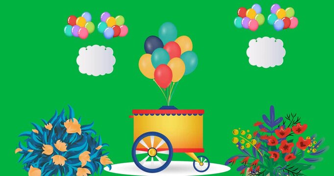 Blank label and cart tied to balloons floating and plants against black background