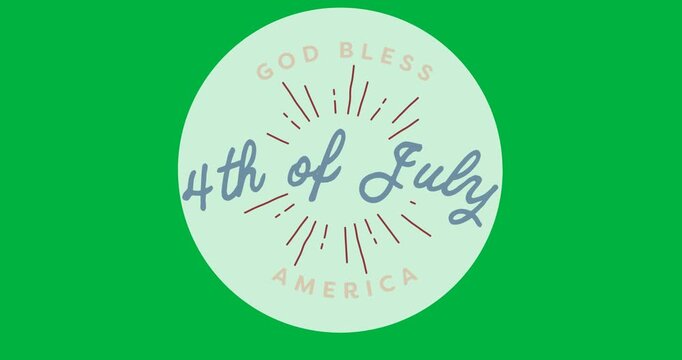 Digital animation of 4th of july text on white circular banner against black background