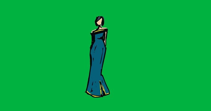 Digital animation of fashion model sketch icon against black background