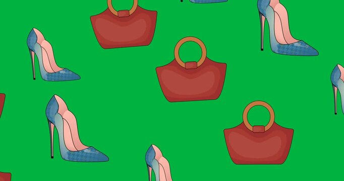 Digital animation of multiple female shoes and handbags icons floating against black background