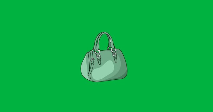 Digital animation of green female handbag icon floating against black background