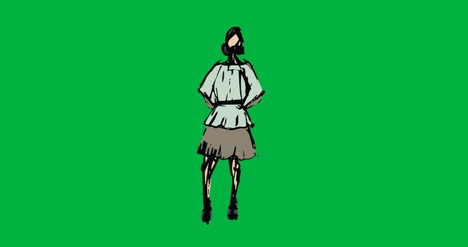 Digital animation of fashion model sketch icon against black background