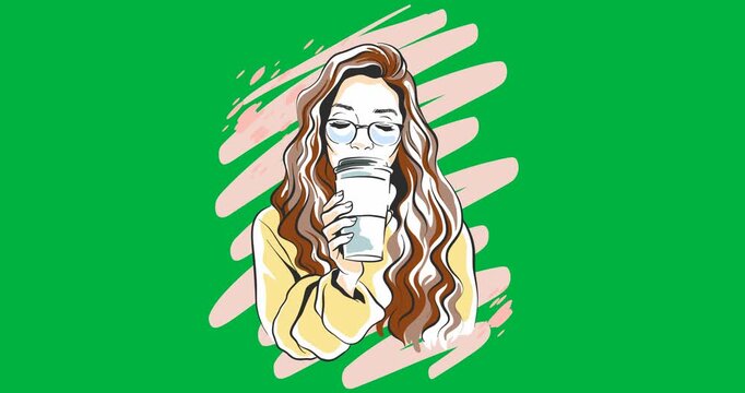 Digital animation of woman drinking a coffee icon over paint brush strokes against black background