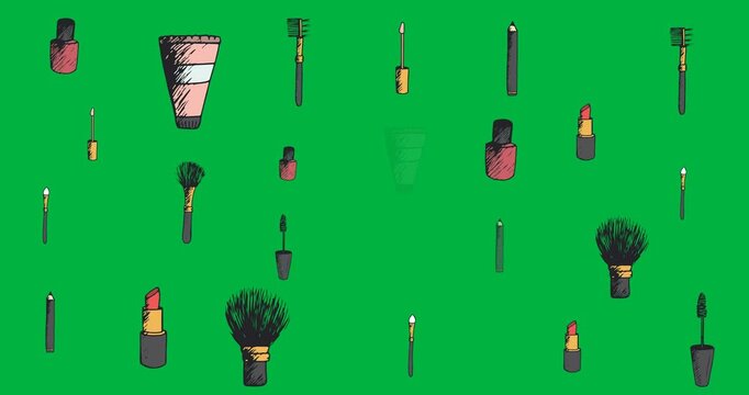 Digital animation of multiple makeup equipment icons against black background