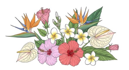 Fototapeta premium Colorful bouquet of various tropical flowers including hibiscus, plumeria, and bird of paradise isolated on white background