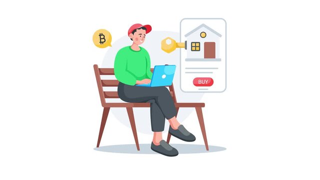 Flat animated illustration of a man paying bitcoin currency for home purchase