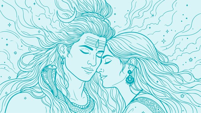 Sketch or Drawing of Shiva Parvati Outline Editable Vector Illustration