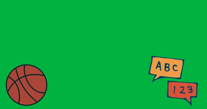 Digital animation of basketball and letters and numbers on speech bubbles icons on black background