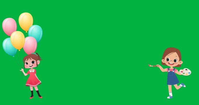 Digital animation of girl holding balloons and girl painting icons against black background