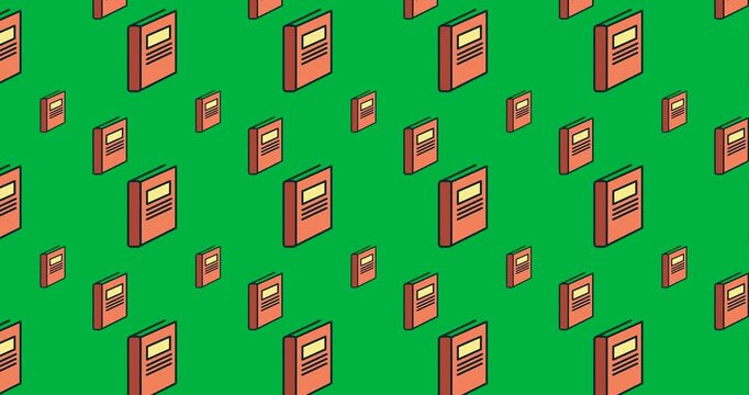 Digital animation of multiple books icons in seamless motion against black background