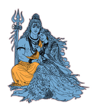 Sketch or Drawing of Shiva Parvati Outline Editable Vector Illustration