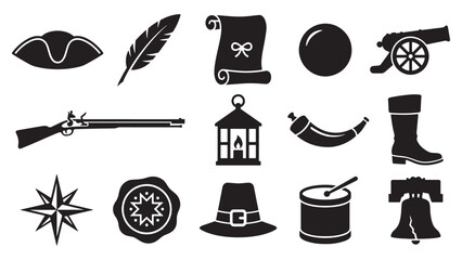 Colonial American Revolution Silhouette Icon Set for Historical Independence and Patriotic Theme Design © NaeemurRahman