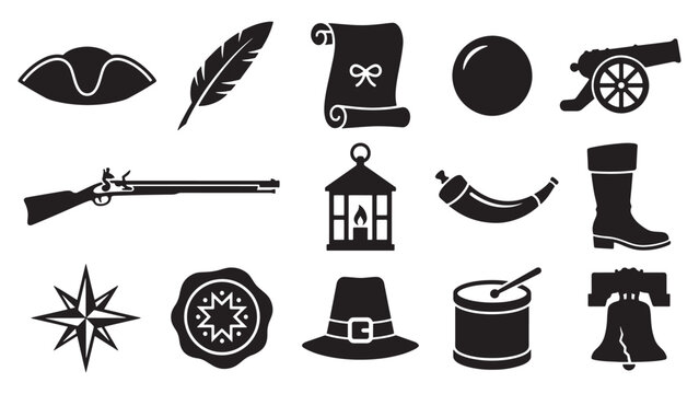 Colonial American Revolution Silhouette Icon Set for Historical Independence and Patriotic Theme Design