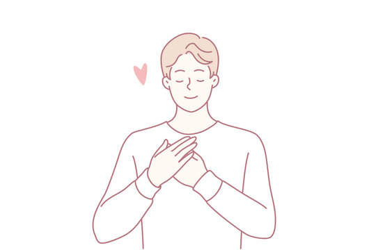 Enamored man puts hands on chest demonstrating romantic mood and closes eyes remembering girlfriend. Good-natured guy makes gesture of mercy calling to be volunteer. Flat vector illustration