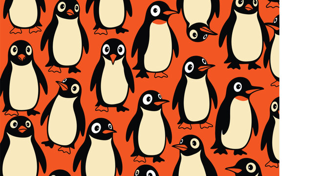 Vector penguin pattern, cartoon penguins, orange background, black and white animals, seamless design