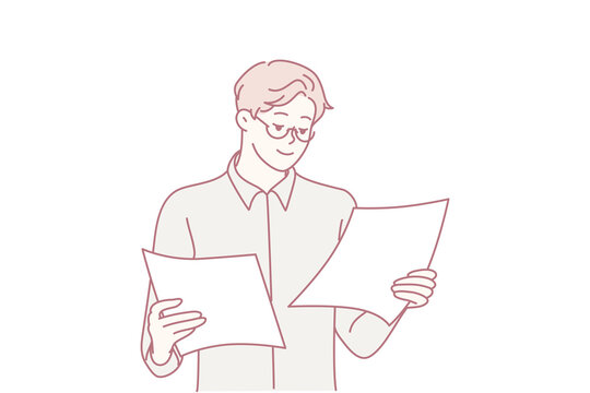 Concentrated man holding two sheets of paper in hands reading report for company management. Successful guy office worker in white shirt is standing studying documentation. Flat vector design