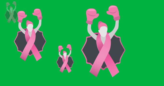 Digital animation of multiple pink ribbon over female boxer icons against black background
